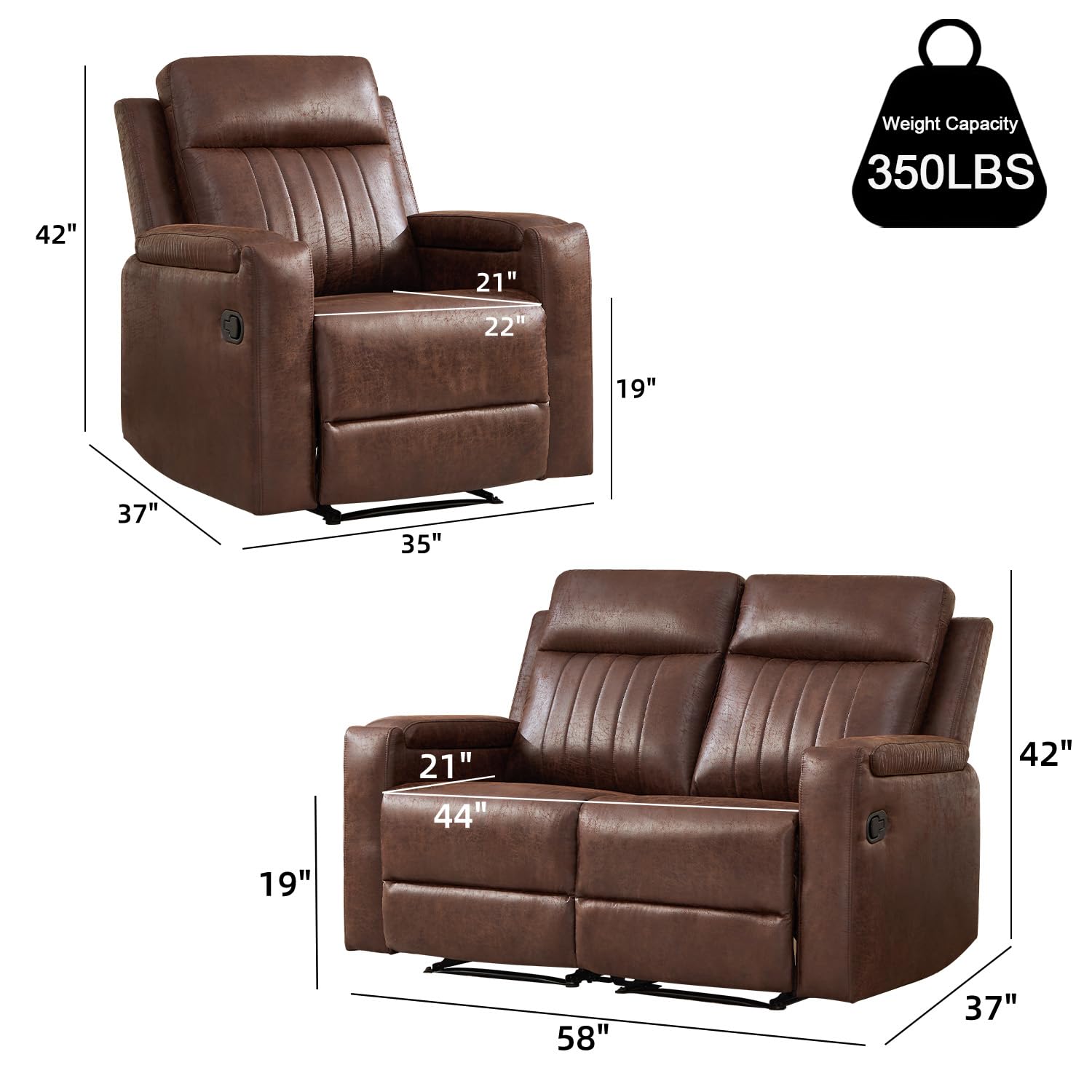 Faux Leather Recliner Sofa Set 2 Chairs 58 Loveseat Cup Holder Storage Red Brown image 5