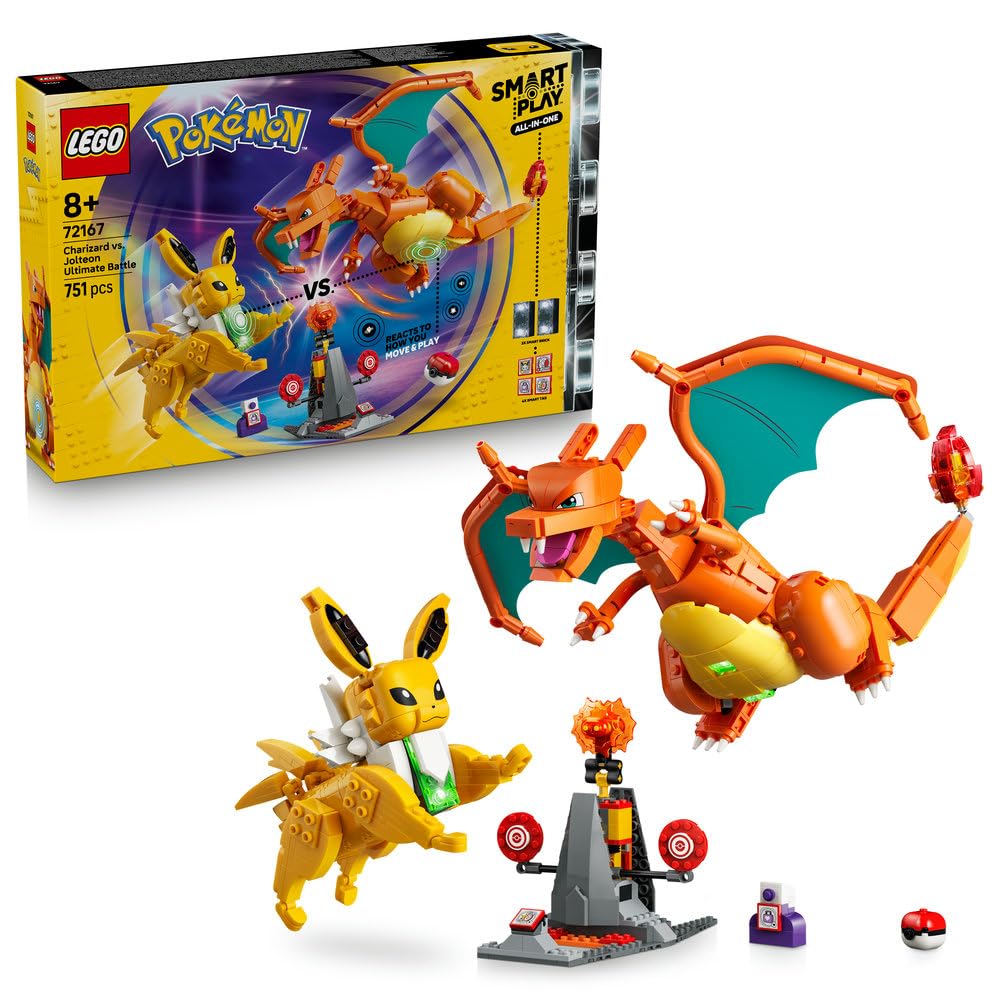 LEGO Pokémon SMART Play: Charizard kontra Jolteon — ostateczna bitwa 72167 | Interaktywna zabawka z Pokémonami, zestaw Wszystko w jednym, 2 SMART klocki, 4 Tagi i ładowarka, dla dzieci 8+, 751 elementów