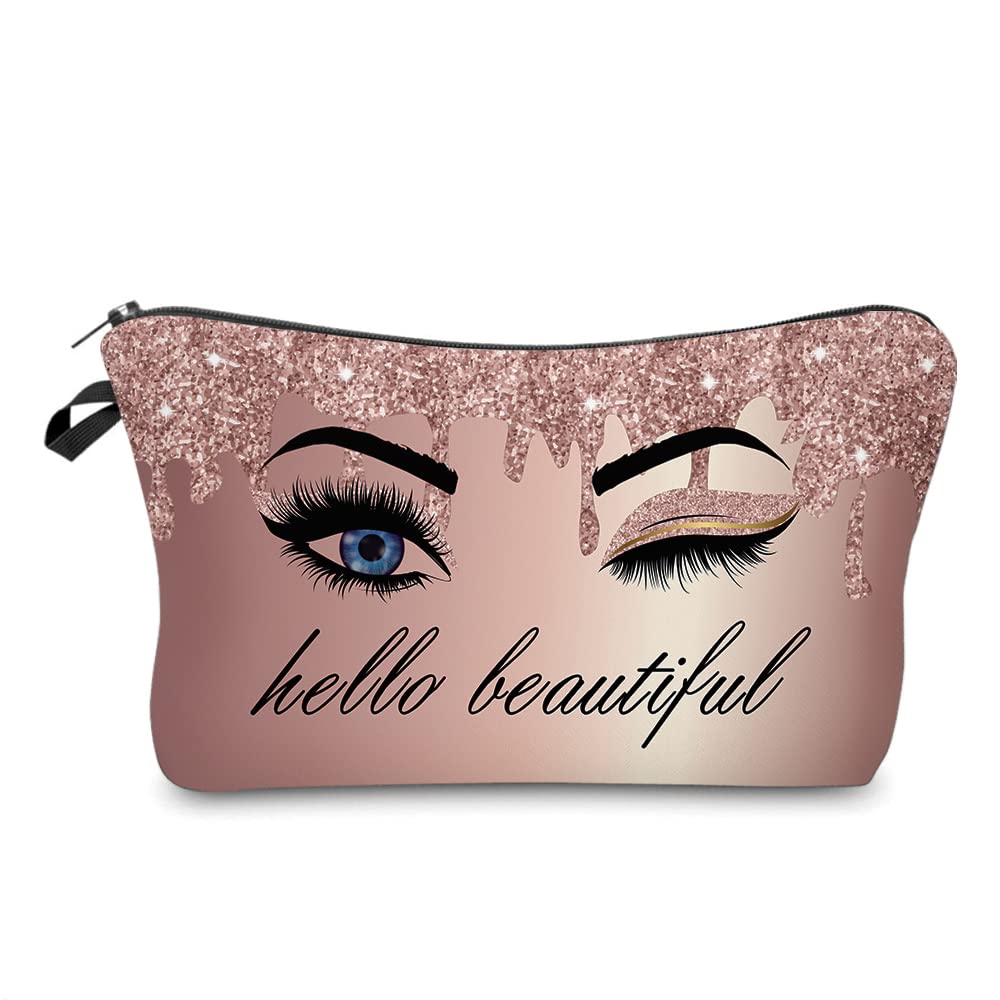 Hello Beautiful Makeup Bag for Purse Eyelash Pink Cosmetic Bags for Women Inspirational Gift Small Funny Cosmetics Glitters