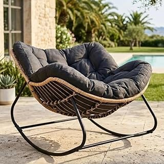 Beige Rattan & Metal Rocking Chair 120 × 95 × 50 cm – Stylish Weather Resistant Lounge Seat with Cushion for Patio