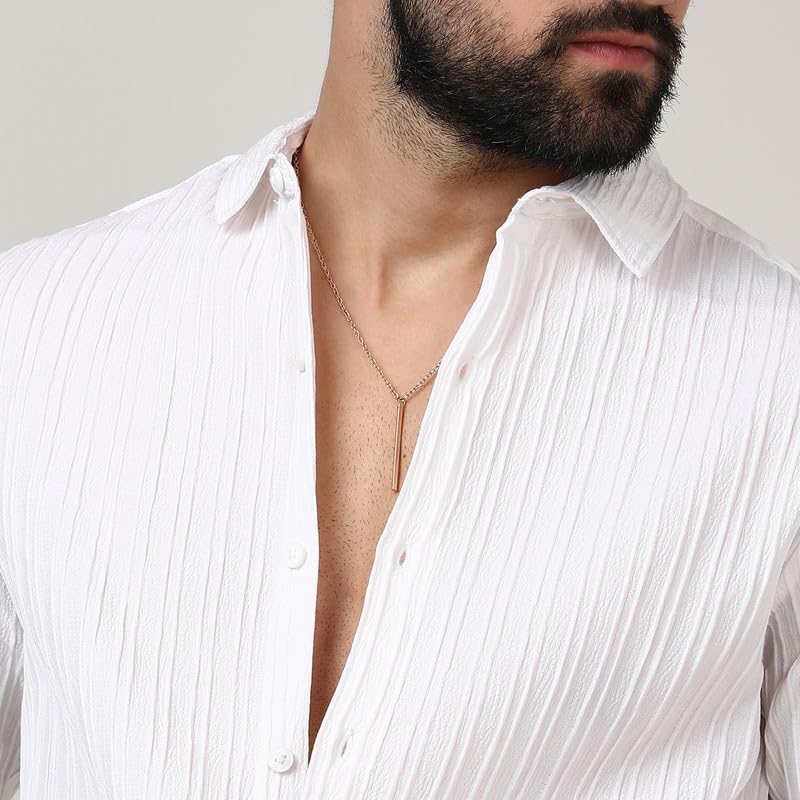 Image of CAHOOT Men's Self-Design Striped Shirt for Casual Wear | Spread Collar | Long Sleeve | Button Closure | Shirt Crafted with Comfort Fit for Everyday Wear