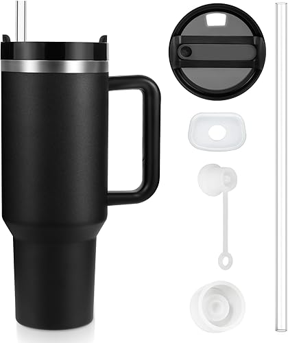 BELYQLY Vaso aislado al vacío de acero inoxidable de 40 onzas con tapa y popote para agua, batidos y más, té helado o café (negro)