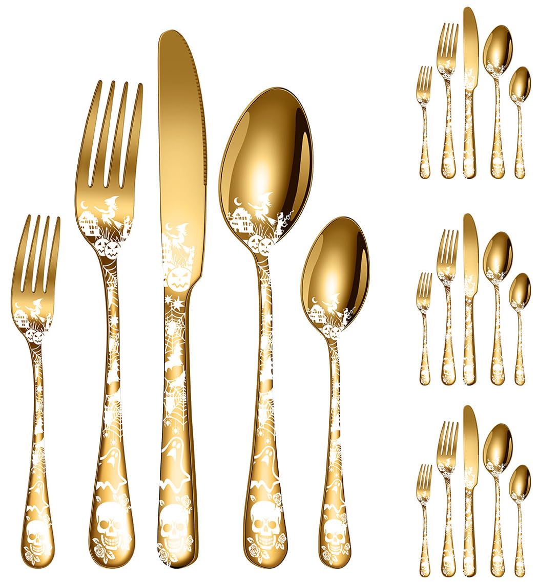 XIAOYU Halloween Themed Skeleton Silverware Set for 4, 20-Piece Stainless Steel Flatware Set, Gothic Skeleton Pattern Decorative Cutlery Set, Halloween Easter and Christmas Tableware, Rose Gold — Amazon image 8