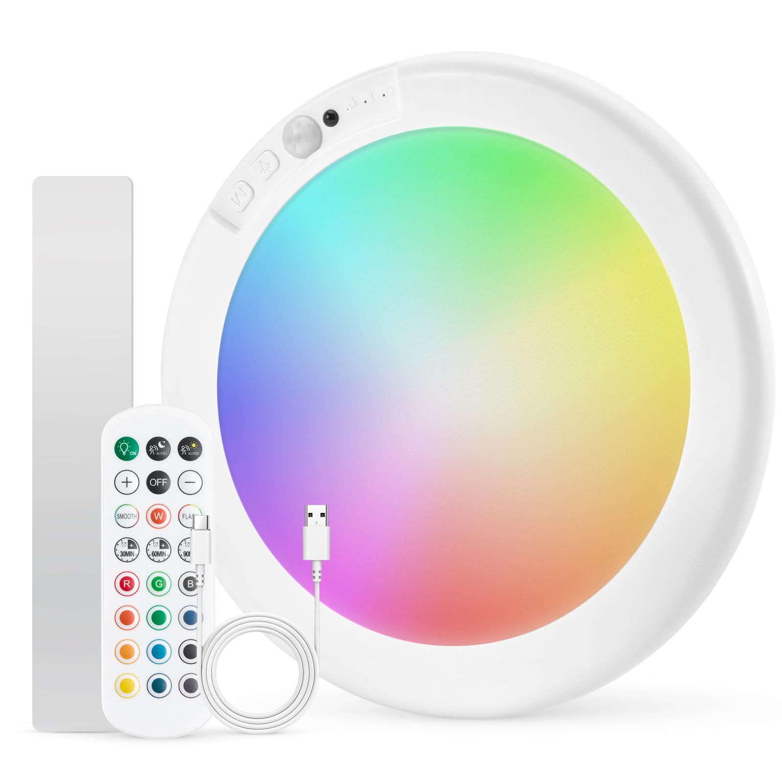 Combuh Akku RGB Deckenleuchte ohne Bohren Party Deckenlampe ohne Stromanschluss, 45 Tage Laufzeit 5000 mAh Batteriebetriebene Lampe mit Bewegungsmelder für Dusche Bad Badezimmer Rund 1 Stück