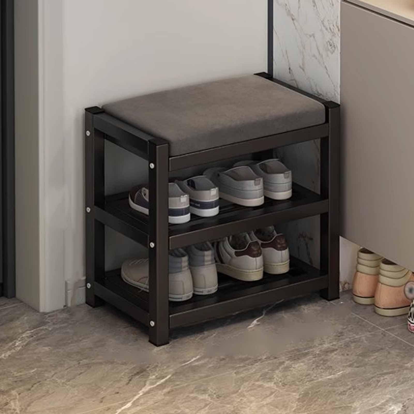 Banc à chaussures à 3 niveaux avec un coussin en velours gris et une structure en métal stable