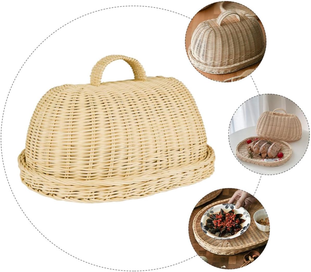 MAGICLULU Rattan Fruit Storage Tray with Protective Cover for Bread and Food, Khaki Color, Simple Design, Environmental Protection, and Sturdy Material for Kitchen Use