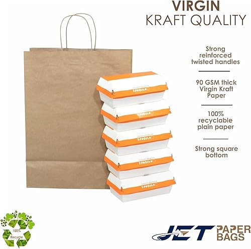 Miniatura 2 de JET PAPER BAGS - Bolsas grandes de papel marrón con asas de 13 x 7 x 17 pulgadas 25 piezas Prime para llevar, comestibles, golosinas, venta al por