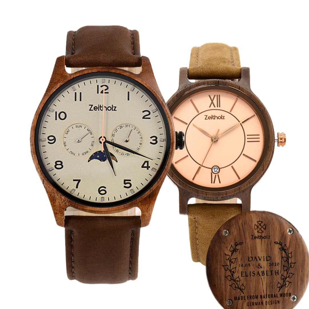 Drewniane zegarki dla par, bezpłatne grawerowanie, prezenty, zegarek analogowy, Klitten 42 mm i Rosenbach 36 mm, 100% naturalne drewno, japoński mechanizm kwarcowy.