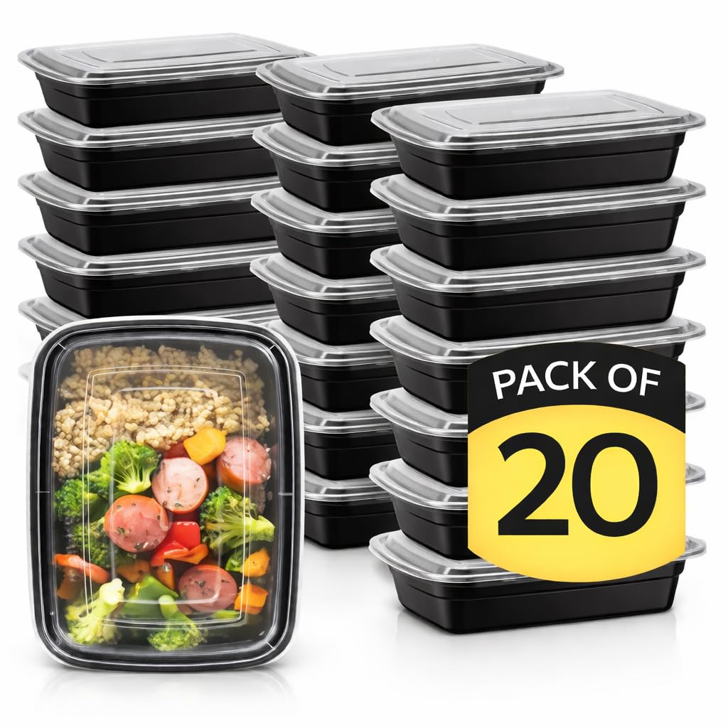 E Greenwize Heavy Duty Rectangular Plastic Meal Prep Containers with Airtight Lids, 1 Compartment, 946ml/32oz, BPA Free, Microwavable, Freezer and Dishwasher Safe, Reusable Food Storage (Pack of 20)