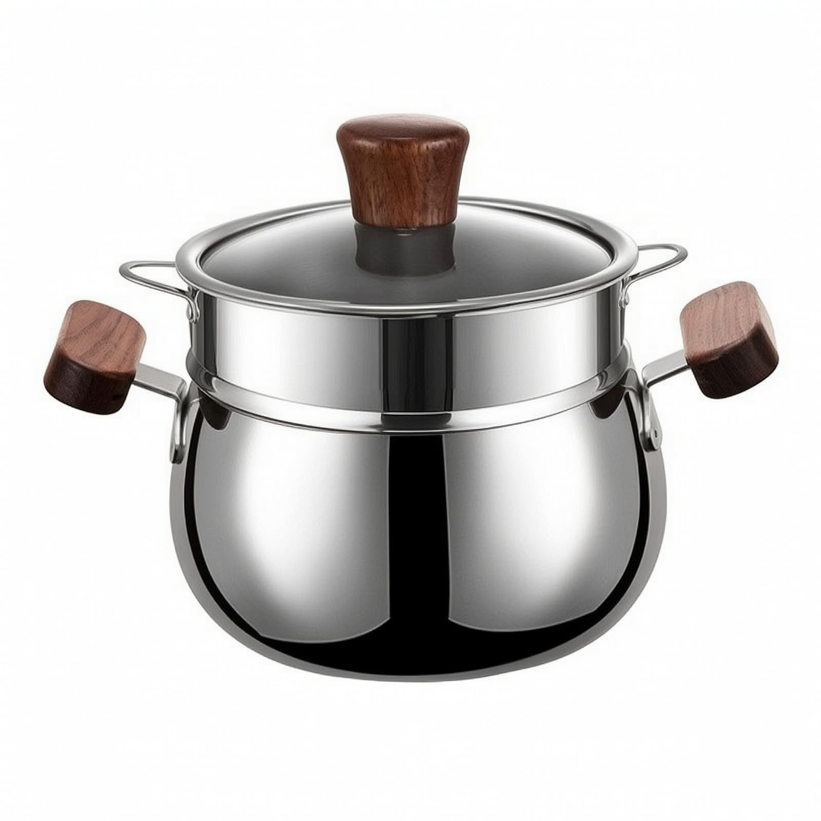 Pentola per Latte Pentolino Padella, 14cm, Manici Doppi In Legno Di Noce, 1200ml, Con Coperchio E Griglia Per Cottura A Vapore