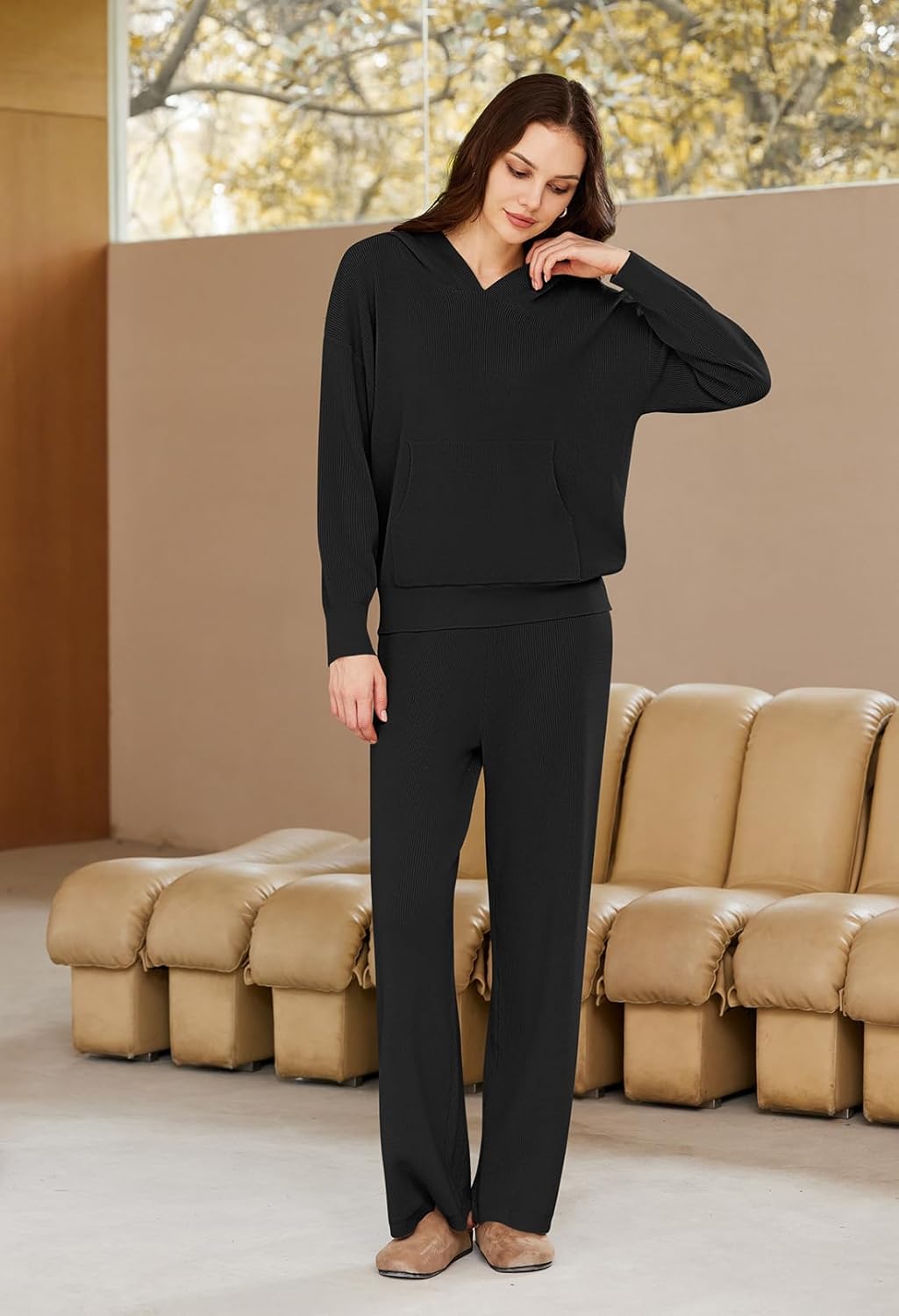 Viottiset Women's 2 Piece Outfits Sweater Set Long Sleeve Hoodies With Pocket Wide Leg Pants Lounge Sets Tracksuit Black X-Large