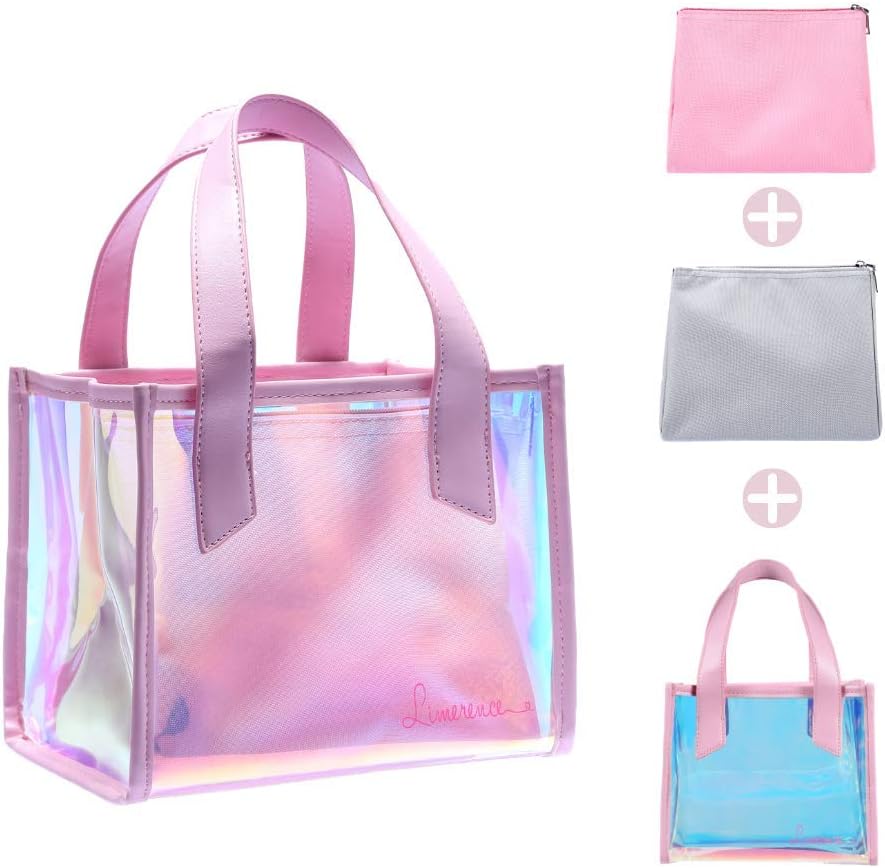 Holographic purse, Clear Makeup Bag, Clear Bag Stadium Approved, Jelly Lunch Bag for girls, women, Insulated Lunch Tote, Reusable, Waterproof, 3-IN-1, Pink, Limerence Jello