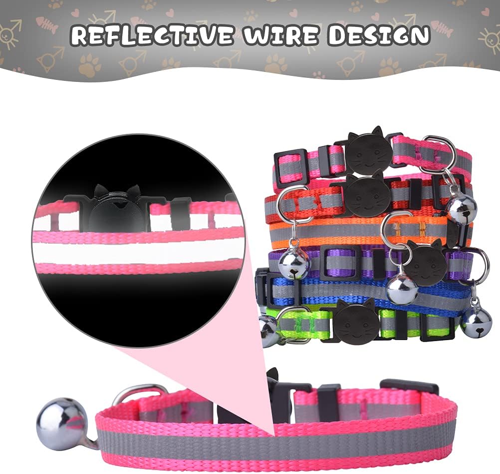 KOOLTAIL 6 PCS Safety Reflective Cat Collar Breakaway Cats Collars with Bell, Adjustable 8-10"