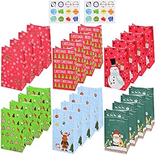 AvoDovA 24 Pcs Christmas Paper Bags, Kraft Paper Candy Bags with Stickers, Sweet Gift Bags for Xmas, Treat Bags for Cookies, Flat Bottom Party Bags for Christmas Party, Medium