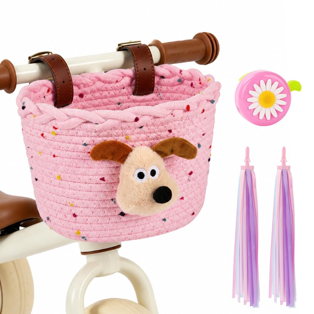 Cestino per bicicletta per bambini in corda di cotone con cinghie in pelle