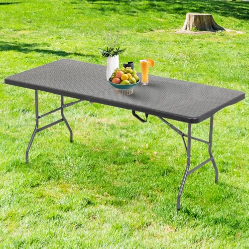 Image of FDW Folding Table Half Portable Foldable Table for Parties Backyard Events (Black Ratten, 6 FT)