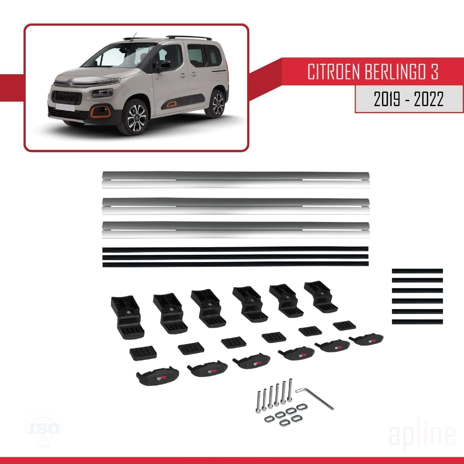 Barres De Toit Aluminium Pour Citroën Berlingo 3 (K9) 2019-2022 - Modèle Basic 3 Barres - Charge Max 75 Kg En Roulant - Noir