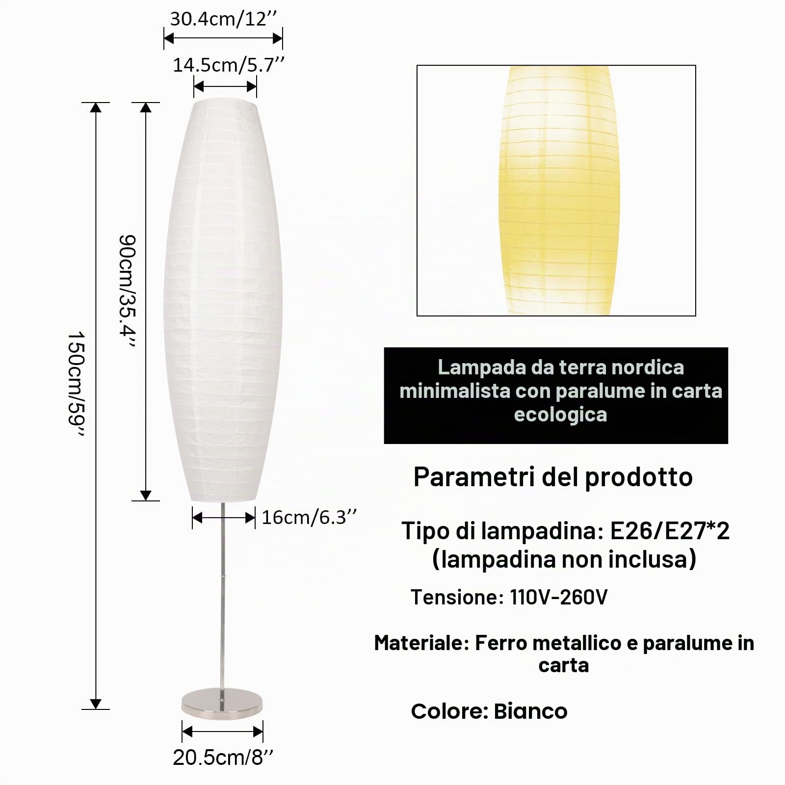 HonoDing Set di Lampade da Terra in Carta di Riso - Perfette per la Decorazione del Soggiorno e della Camera da Letto - 59'' Tall(1PC)
