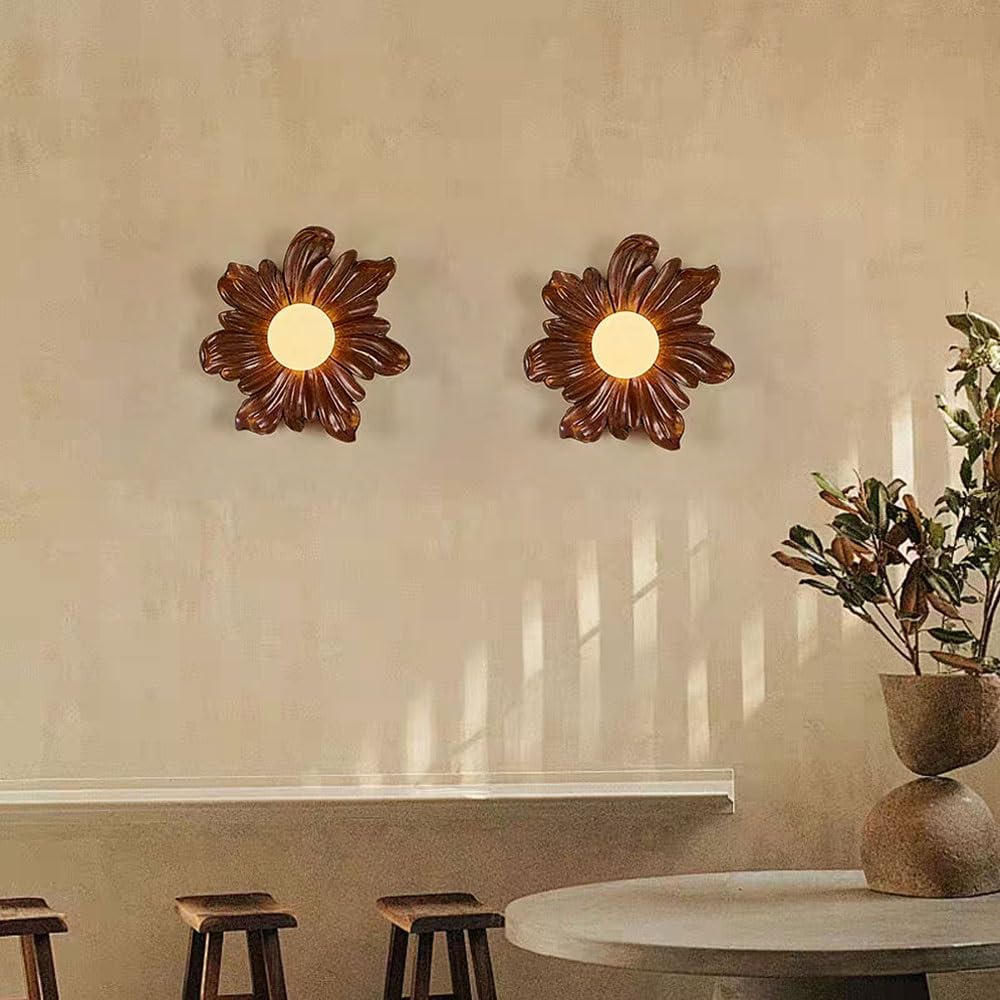 Lámpara de girasol1 luz decoración artística aplique de pared floral de resina con pantalla esférica de acrílico blanco, casquillo G4 | Lámpara de pared rústica for sala de estar, pasillo(Walnut)