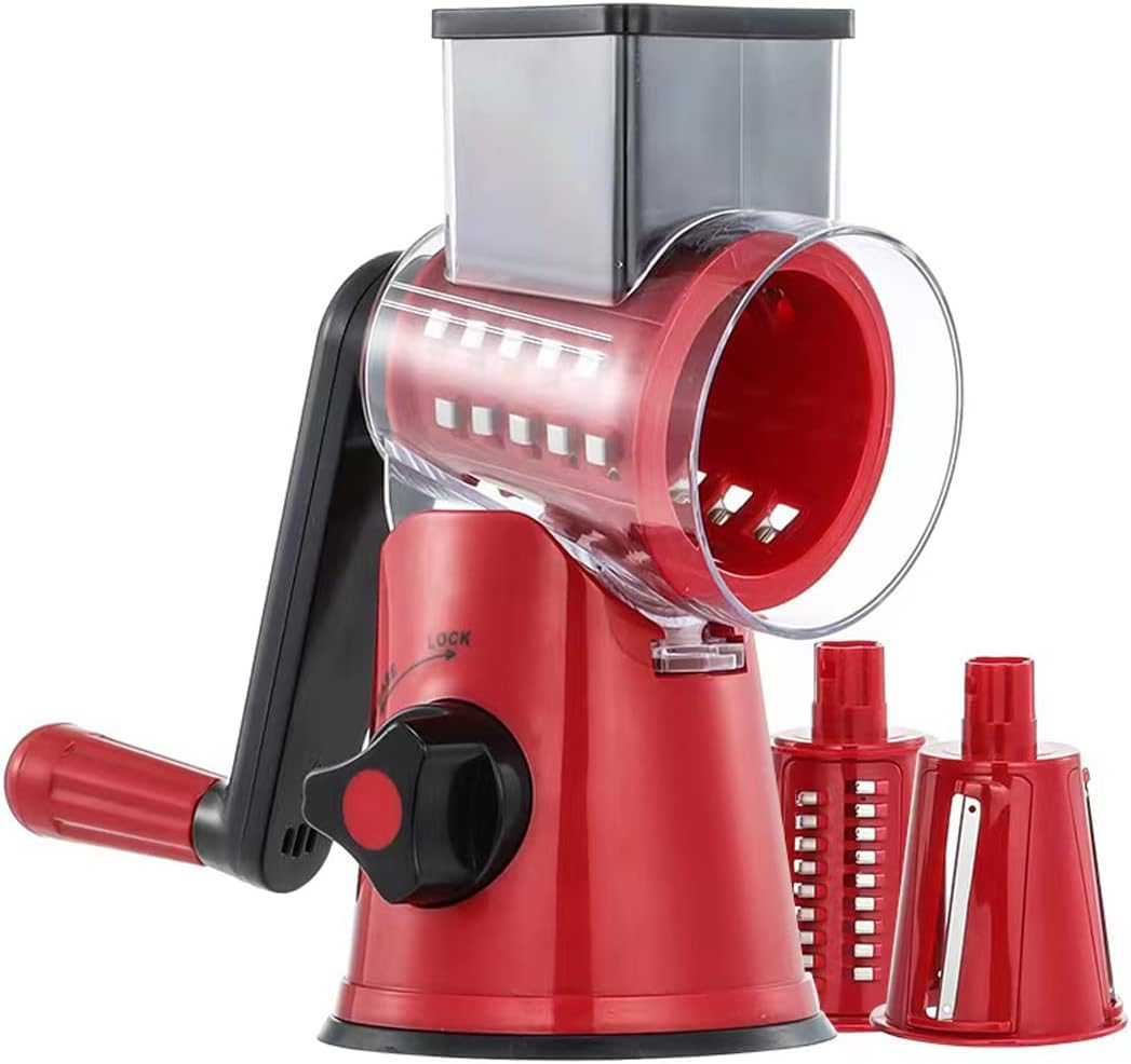 Rotary Cheese Grater Kitchen Mandoline Vegetable Slicer with 3 Interchangeable Blades, Rotary Drum Slicer for Fruits Vegetables Nuts