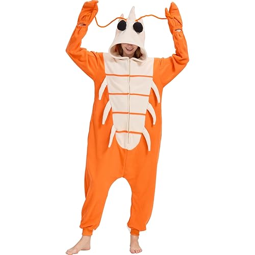 AIYOUYIYA Adult Shrimp Crayfish Onesie Costume - Fun Halloween Sea Crustacean Cosplay Pajamas for Men and Women - Shrimp - Medium