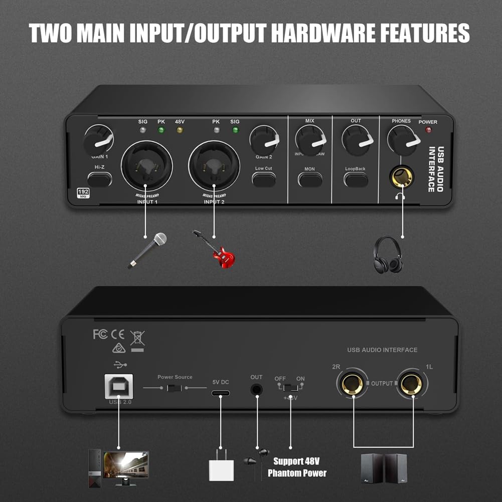 Interfaz de Audio USB, Interfaz de Audio 2 en 2 Salidas con Alimentación Fantasma de 48 V para Grabación, para Guitarrista, Vocalista y Podcaster