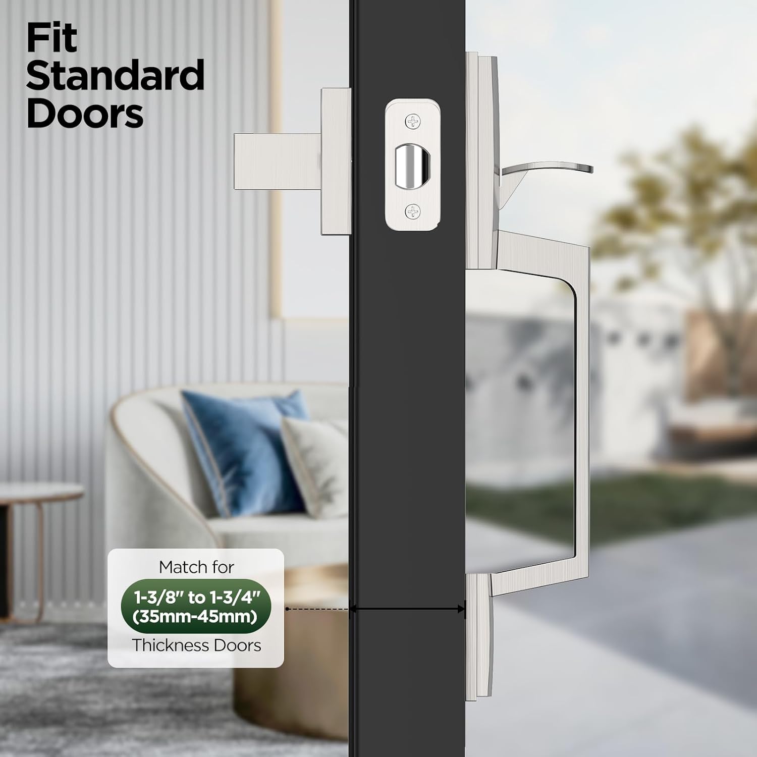 Silver Exterior Front Door Handle With Reversible Lever - Modern Entry Handle for Right or Left Handed Doors, No Lock, Satin Nickel