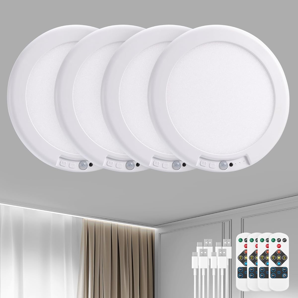 Bojim 4 Pack Rechargeable Battery Operated Ceiling Light Motion Sensor with Remote, 80 Days Battery Powered Dimmable 3CCT Cordless Magnetic LED Lights for Hallway Closet Bedroom