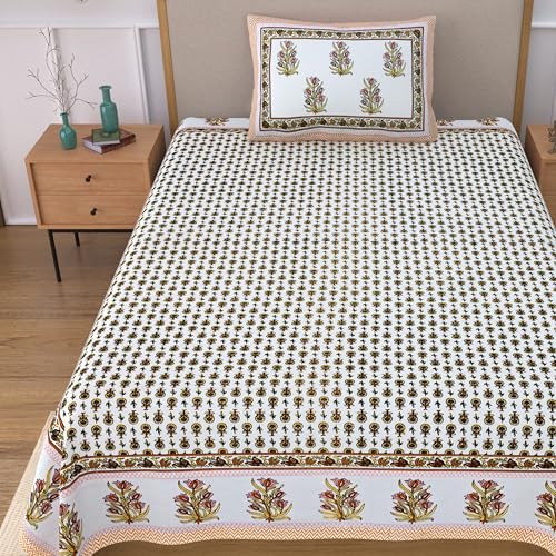 Image of 100% Cotton Single Bedsheet with 1 Pillow Cover | 240 TC Pure Cotton Flat Bed Sheet | Traditional Jaipuri Printed Bedding Set | Soft & Breathable | 60 x 90 Inch (Rangmahal Single 47)