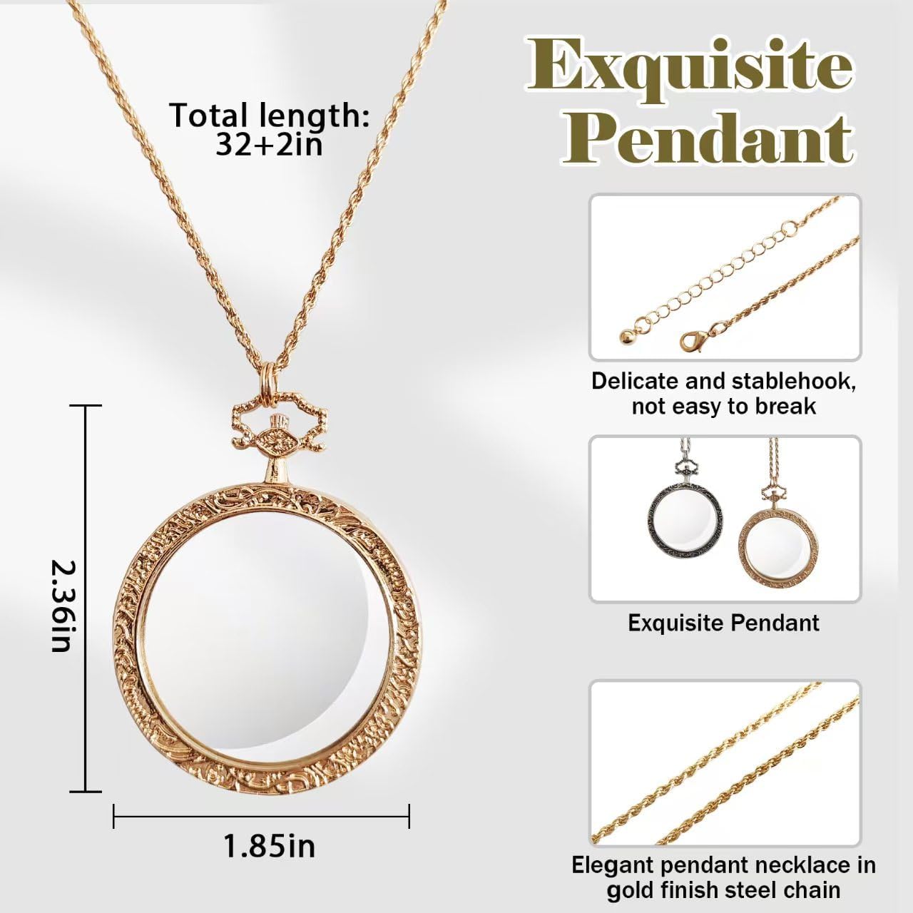 YYHSND 10X Magnifying Glass Necklace Magnifier Necklace Pendant Optical Magnifier with Chain Necklace for Library, Reading, Zooming and Jewelry (Pure Gold) - Image 2
