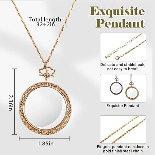 Miniatura 2 de YYHSND 10 lupas de lupa, collar con dije de lupa, lupa óptica con collar de cadena para biblioteca, lectura, zoom y joyería (oro puro)