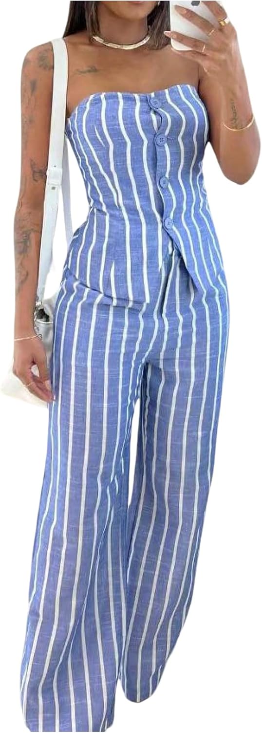 SOLY HUX Women's 2 Piece Outfit Striped Button Down Strapless Tube Top and Wide Leg Pants Set