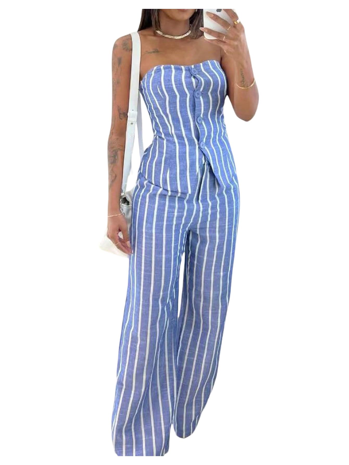 SOLY HUX Women's 2 Piece Outfit Striped Button Down Strapless Tube Top and Wide Leg Pants Set