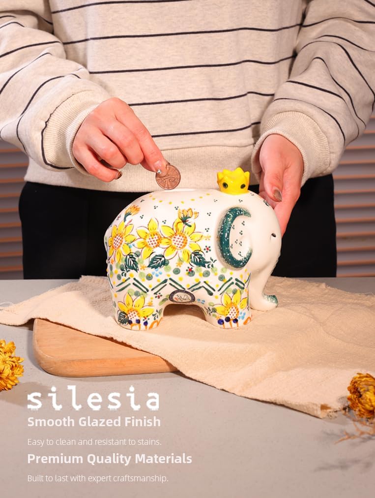 Handmade Elephant Piggy Bank, Ceramic Hand-Painted Decor Coin Box,Decoration Cute Money Container, in Gift Box,Home Room Decoration Birthday Christmas for Kids Adults, Sunflower