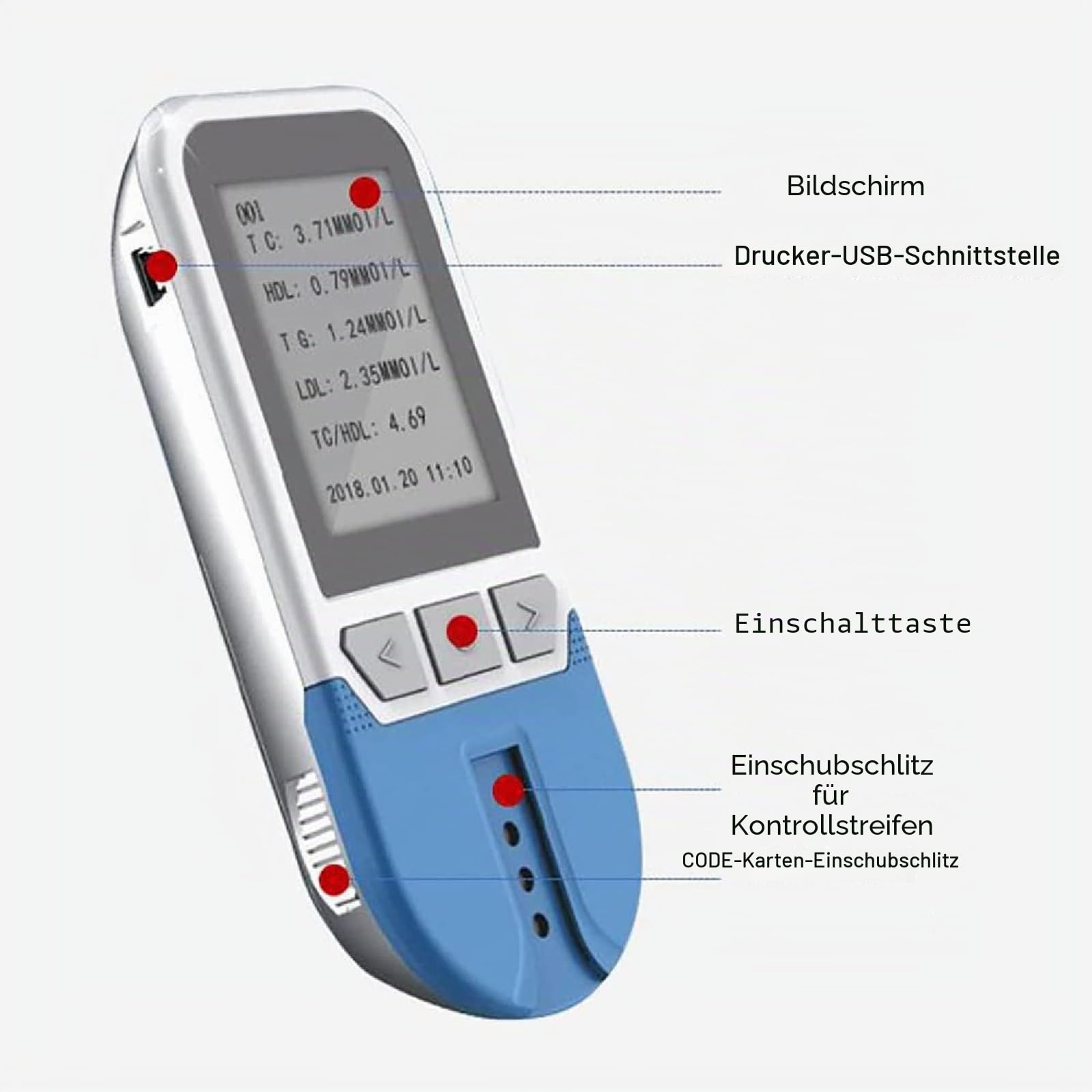 Cholesterin-Testgerät, Multifunktionales Lipid-Messgerät-Set, 5-in-1 Für TC, TG, LDL, HDL, Blutfett-Tester Mit 25 Teststreifen, 200 Speicherplätze Für Messwerte, Schnelle Ergebnisse