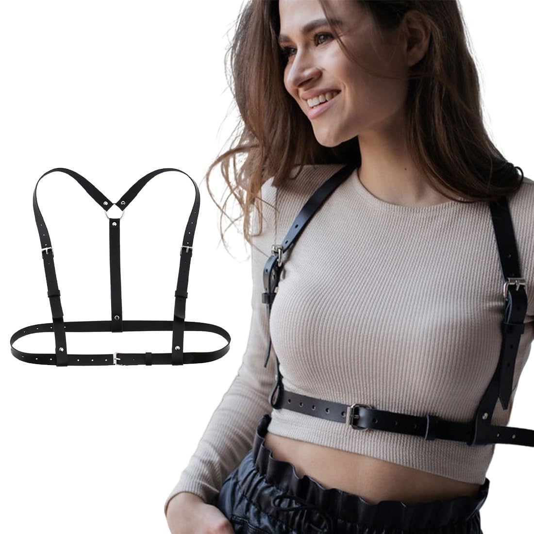 Punk Cinturón de Arnés de Cintura para Mujer, Cuerpo de Cuero Cadena de Pecho Gótico, Cinturón Joyería Corporal Ajustable, Cuerpo de Cuero PU Cadena de Pecho, para cosplay, Fiesta, negro