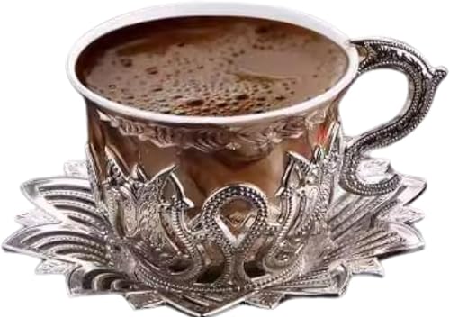 Miniatura 3 de LaModaHome Juego de 6 tazas de café expreso turco otomano con platillos y soportes, diseño de mármol marrón, porcelana árabe, griega, mini taza de