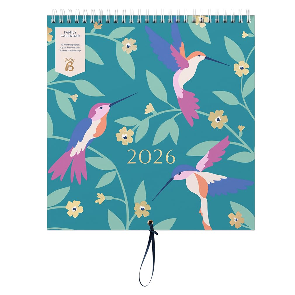 Calendrier Mural Familial 2026 Busy B - 30.5x30.5cm, 5 Colonnes + Pochettes - Autocollants Code Couleur - Organisation Famille, Anniversaires, Activités - Design Oiseaux