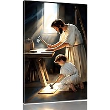 Rubelike Jesus Canvas Wall Art - Baby Jesus and Joseph in Carpenter Shop Pictures Painting Print, Christian Posters, Catholic Wall Decor for Living Room Bedroom 16" x 24"