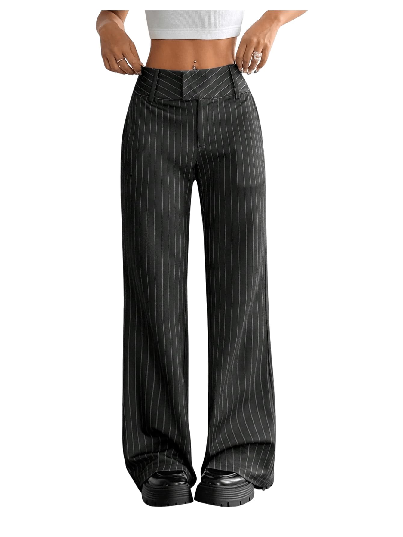 Floerns Womens Striped Print High Waisted Dress Pants Straight Leg Work Suit Pants