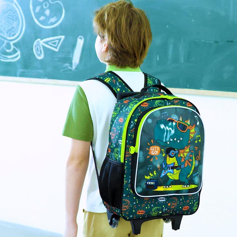 3PCS Rolling Backpack for Boys, Roller School Backpack with Wheels, Kids Dinosaur Wheeled Bookbag for Elementary Preschool Kindergarten(Green)