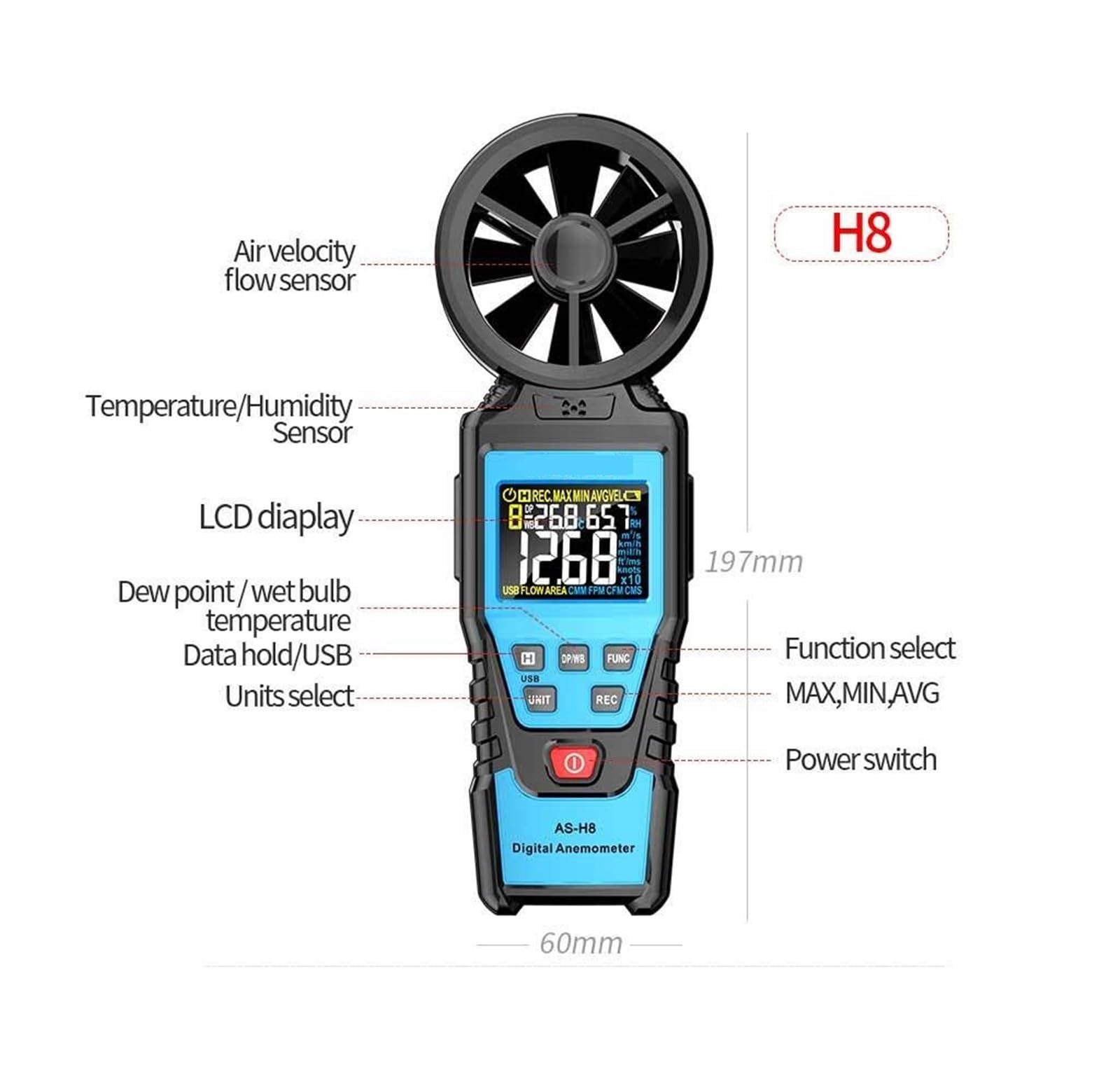 Anemómetro Digital Medidor De Velocidad Del Viento De Mano Medidor De Humedad De Temperatura De Energía Eólica Probador De Volumen De Aire(H6)