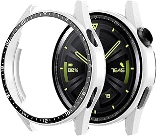 Hard PC Protective Case Compatible with Huawei Watch GT3 46mm - Tempered Glass Screen Protector, Full Edge Protective Cover, Shockproof Shell, Ultra-Thin Frame (White)