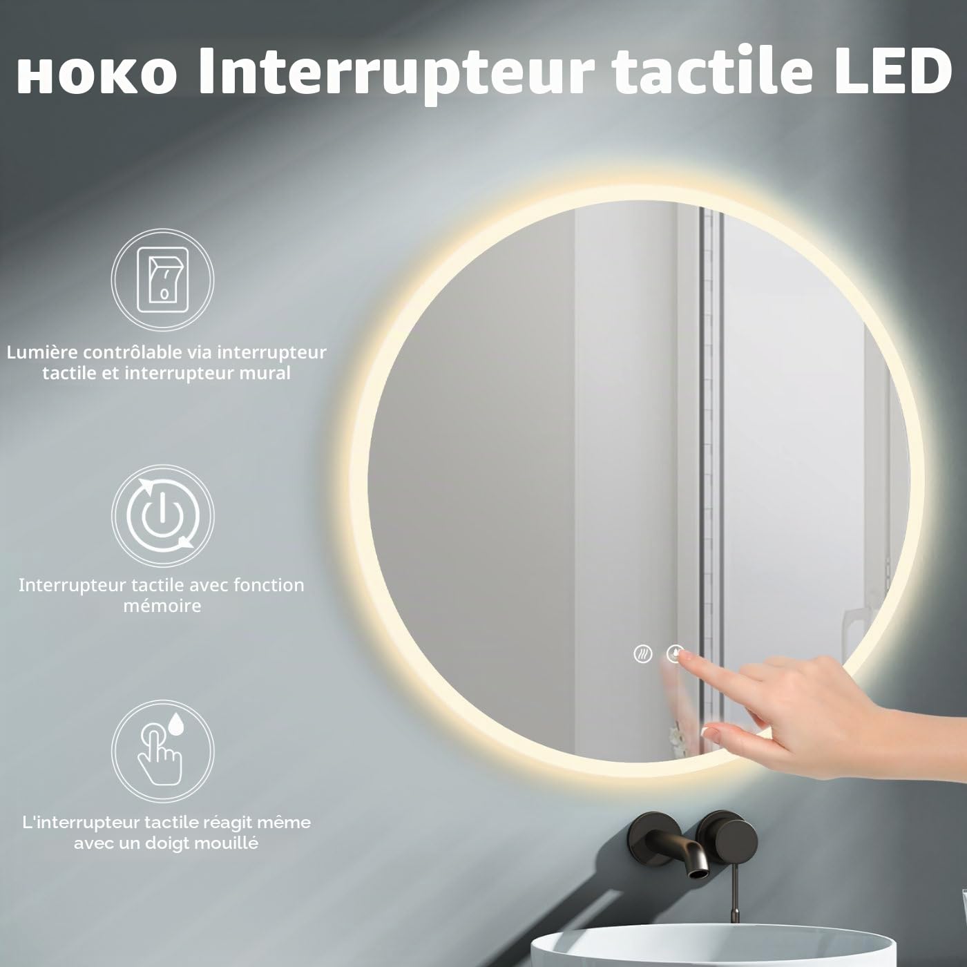 HOKO® Miroir de Salle de Bain 60cm, avec Fonction Anti-buée+Chauffage du Miroir. Miroir Rond+équipé d'un Interrupteur Tactile et lumière LED réglable de Blanc Chaud/Blanc Froid/Neutre 2700-6500k