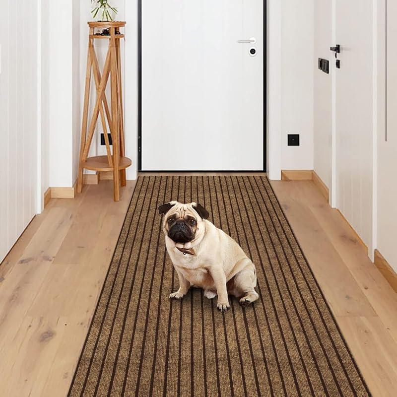 Image of TIB Anti-Slip Door Mat with PVC Rubber Backing, Water & Stain Resistant Striped Floor Mat for Home Entrance, Bathroom & Kitchen, Durable Non-Woven Surface,Easy Clean Doormat,4x6ft,Brown