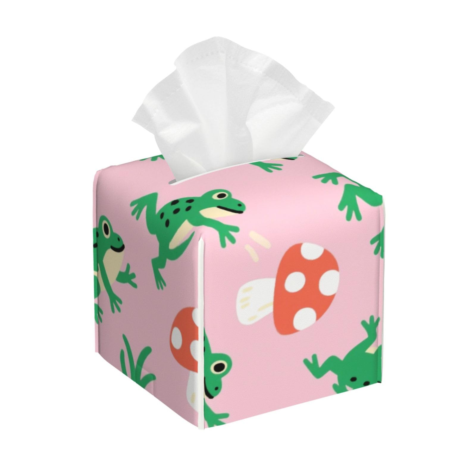 Pu Leather Cube Tissue Box Holders Modern Waterproof Square Tissue Box Cover Frog and Mushroom Facial Paper Holder for Bathroom Kitchen Nightstand Office Home Decor