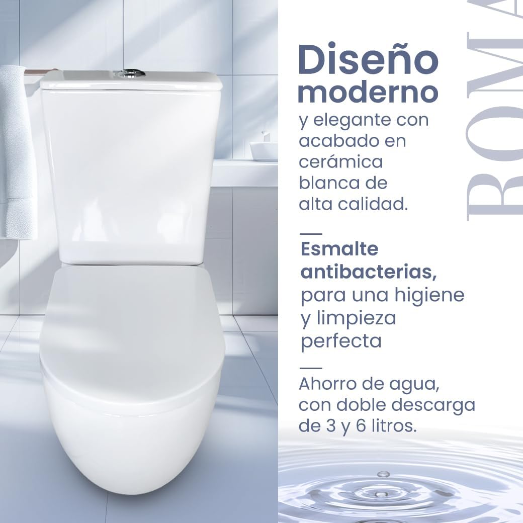 Inodoro Completo - WC Inodoro Completo con Sistema Rimless Antibacterias - Vater Baño con Tapa Dura Extrafina Amortiguada - Salida Dual Eficiente con Ahorro de Agua - WC para Hogar Blanco