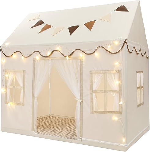 Tienda de campaña para niños, casa de juegos grande con alfombra, cuerda de estrella, bandera, lavable a máquina, tienda de campaña para interiores