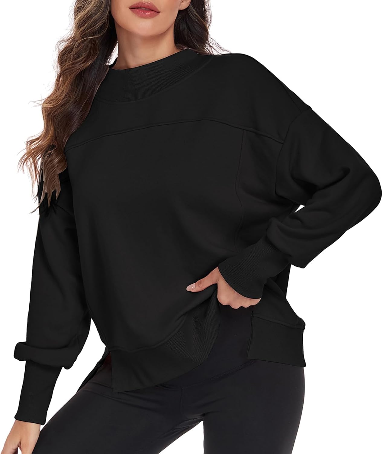 HOUZONIY Womens Long Sleeve Sweatshirt Crewneck Side Slit Soft Lightweight Workout Casual Fall Fashion Basic Pullover Tops