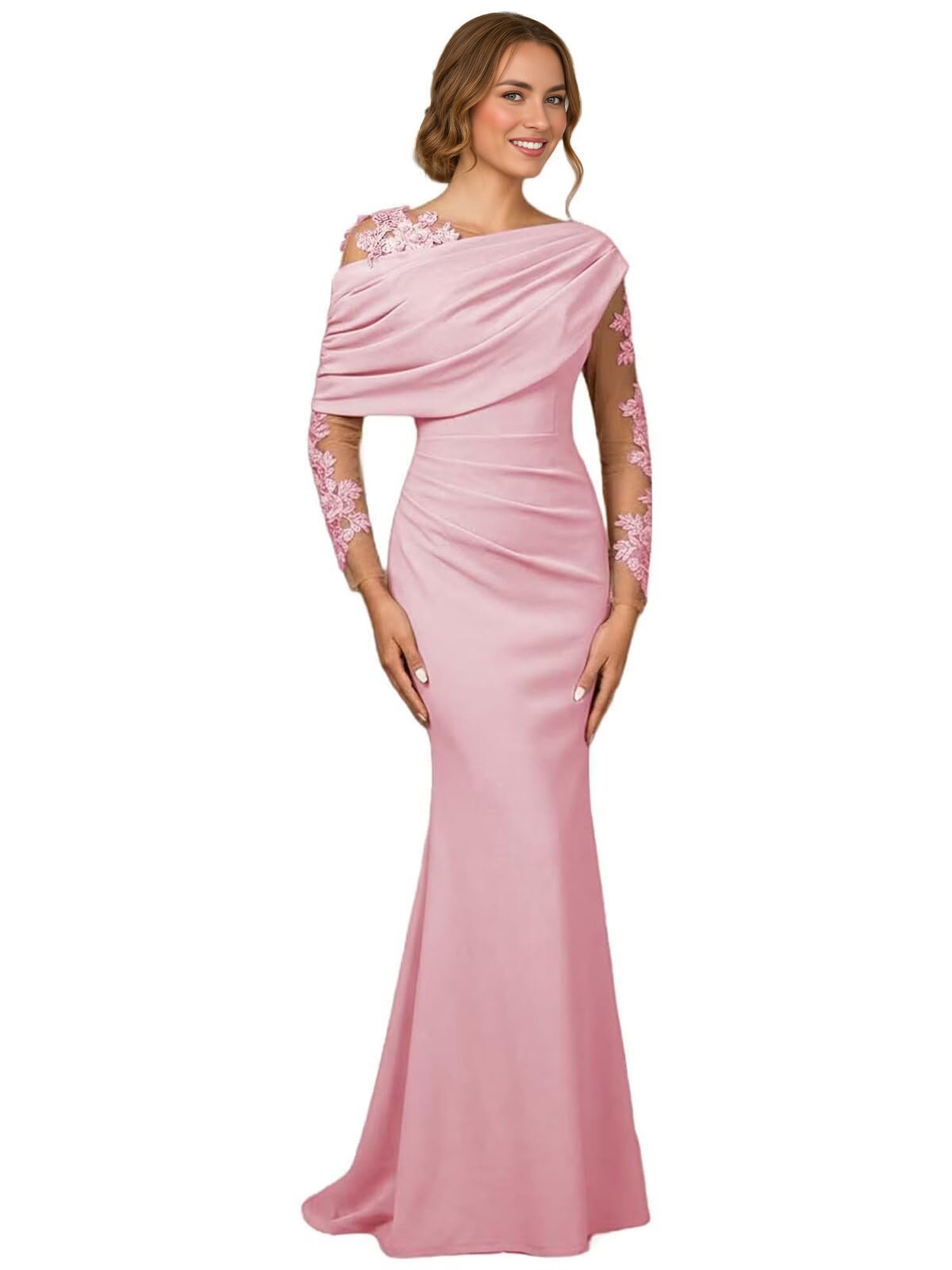 Meerjungfrau Satin Abendkleider Elegant für Hochzeit,Spitzen Brautmutterkleider mit Ärmeln Meerjungfrau Lang Festlich Kleider für Hochzeitsgäste